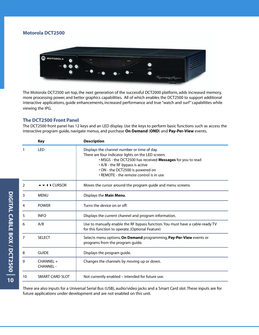 Motorola DCT6208 manual Digital Cable BOX / DCT2500, Motorola DCT2500, DCT2500 Front Panel 