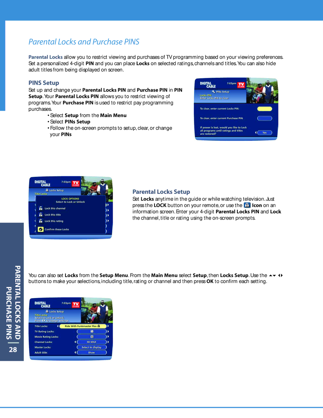 Motorola DCT6208 manual Parental Locks and Purchase Pins, Pins Setup, Parental Locks Setup, Select PINs Setup 