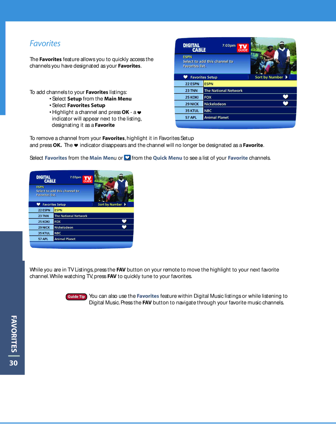 Motorola DCT6208 manual Select Favorites Setup 