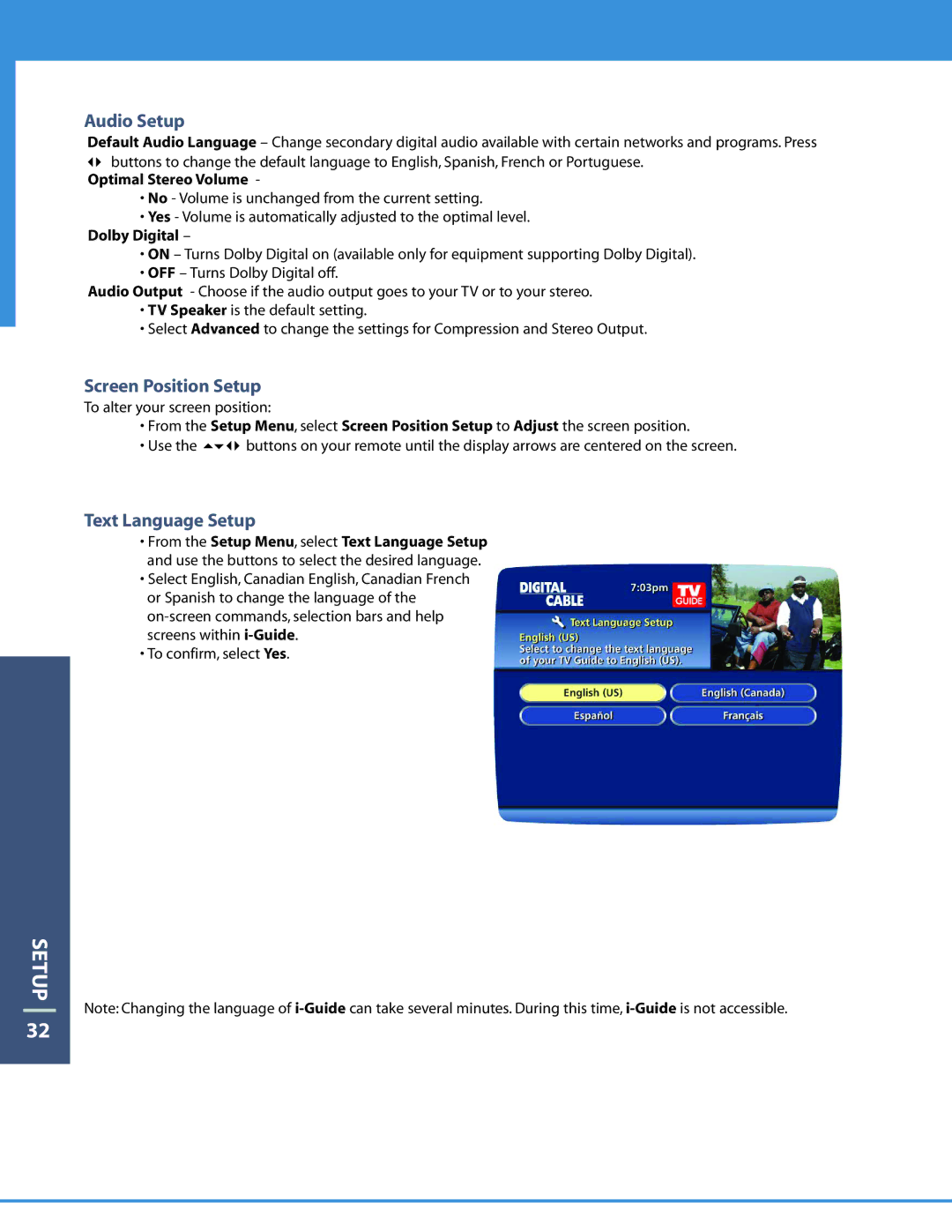 Motorola DCT6208 manual Audio Setup, Screen Position Setup, Text Language Setup, Dolby Digital 