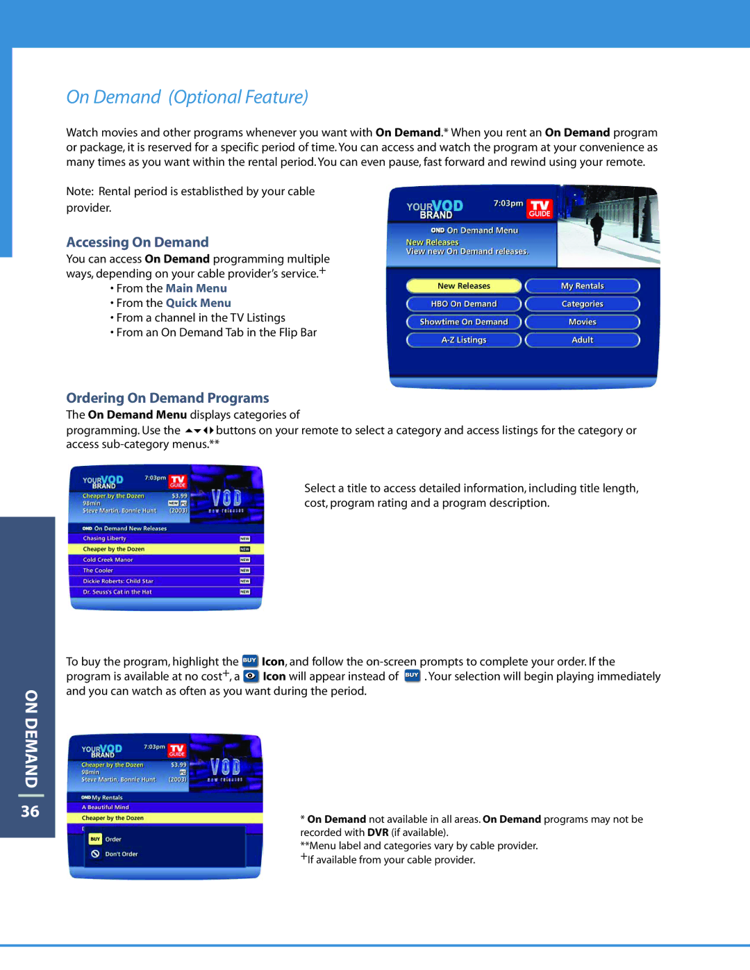 Motorola DCT6208 manual On Demand Optional Feature, Accessing On Demand, Ordering On Demand Programs, From the Quick Menu 