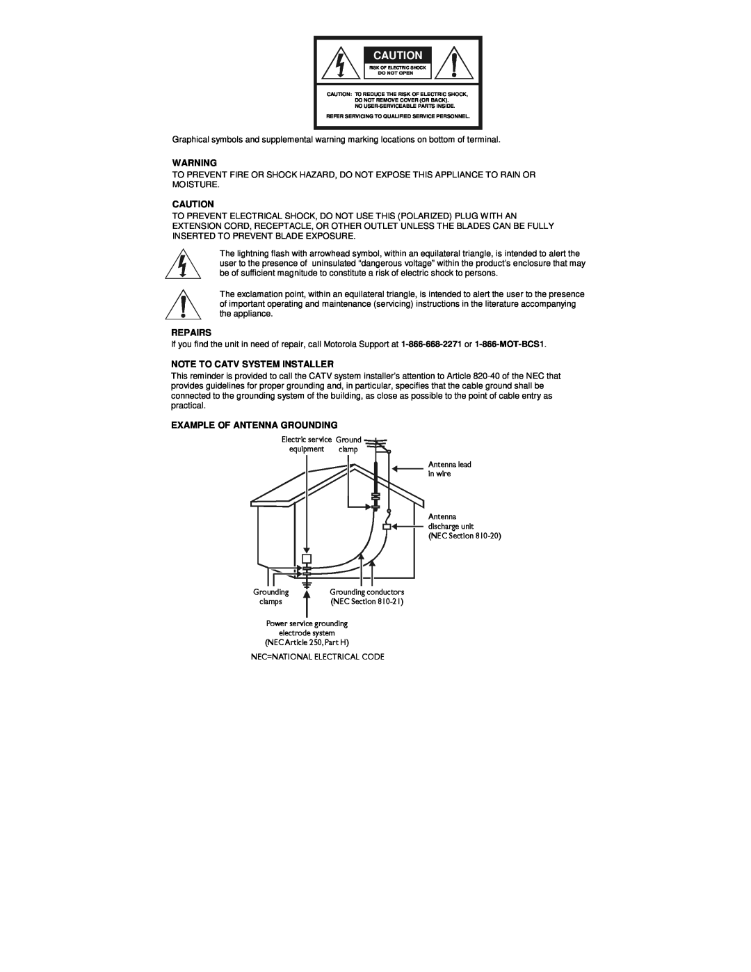 Motorola DCT6400 manual Repairs, Note To Catv System Installer, Example Of Antenna Grounding 