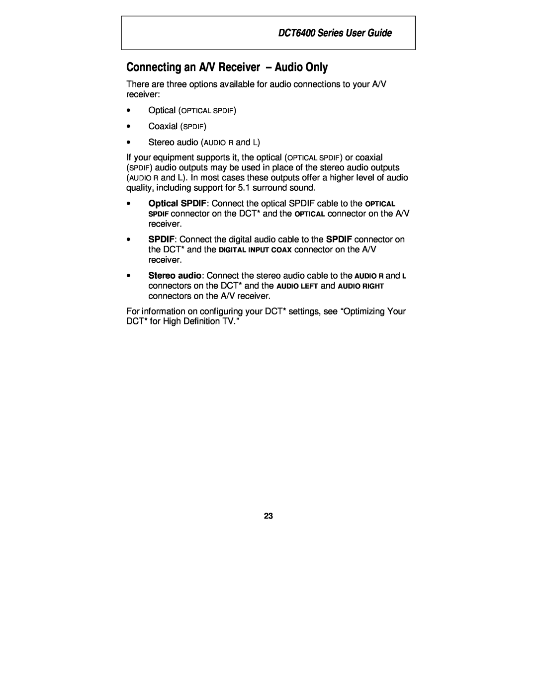 Motorola manual Connecting an A/V Receiver - Audio Only, DCT6400 Series User Guide, Optical OPTICAL SPDIF 