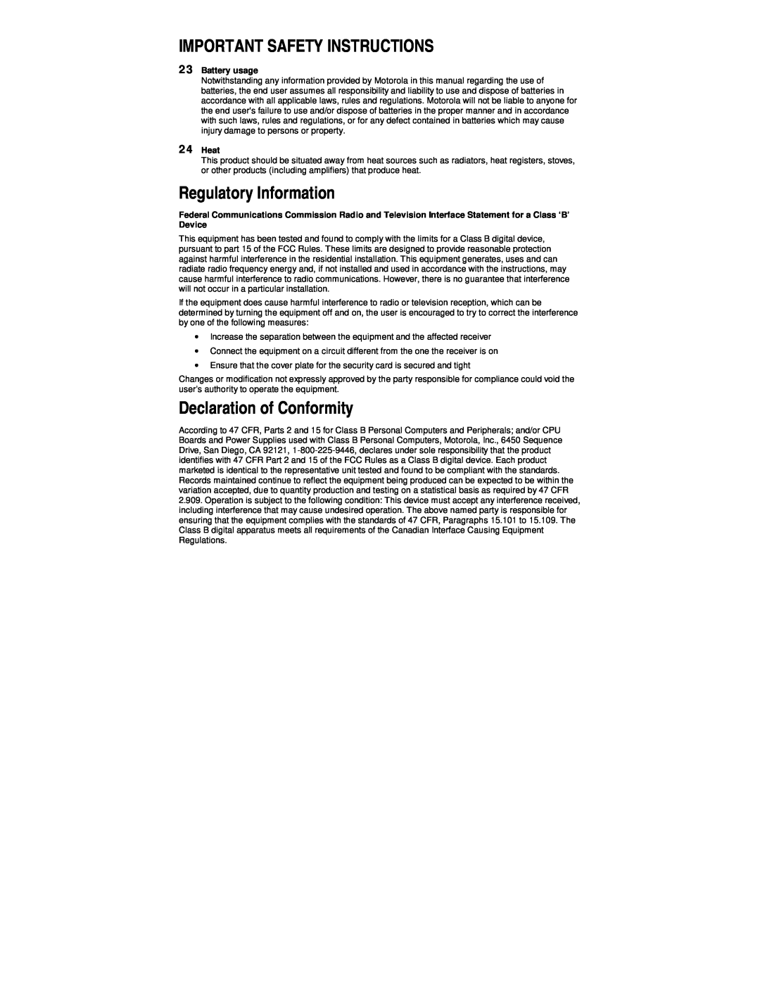 Motorola DCT6400 Regulatory Information, Declaration of Conformity, Important Safety Instructions, Battery usage, Heat 
