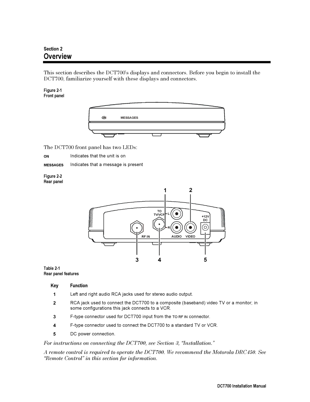 Motorola DCT700, DTC700 installation manual Overview, Key Function, Front panel, Rear panel features 