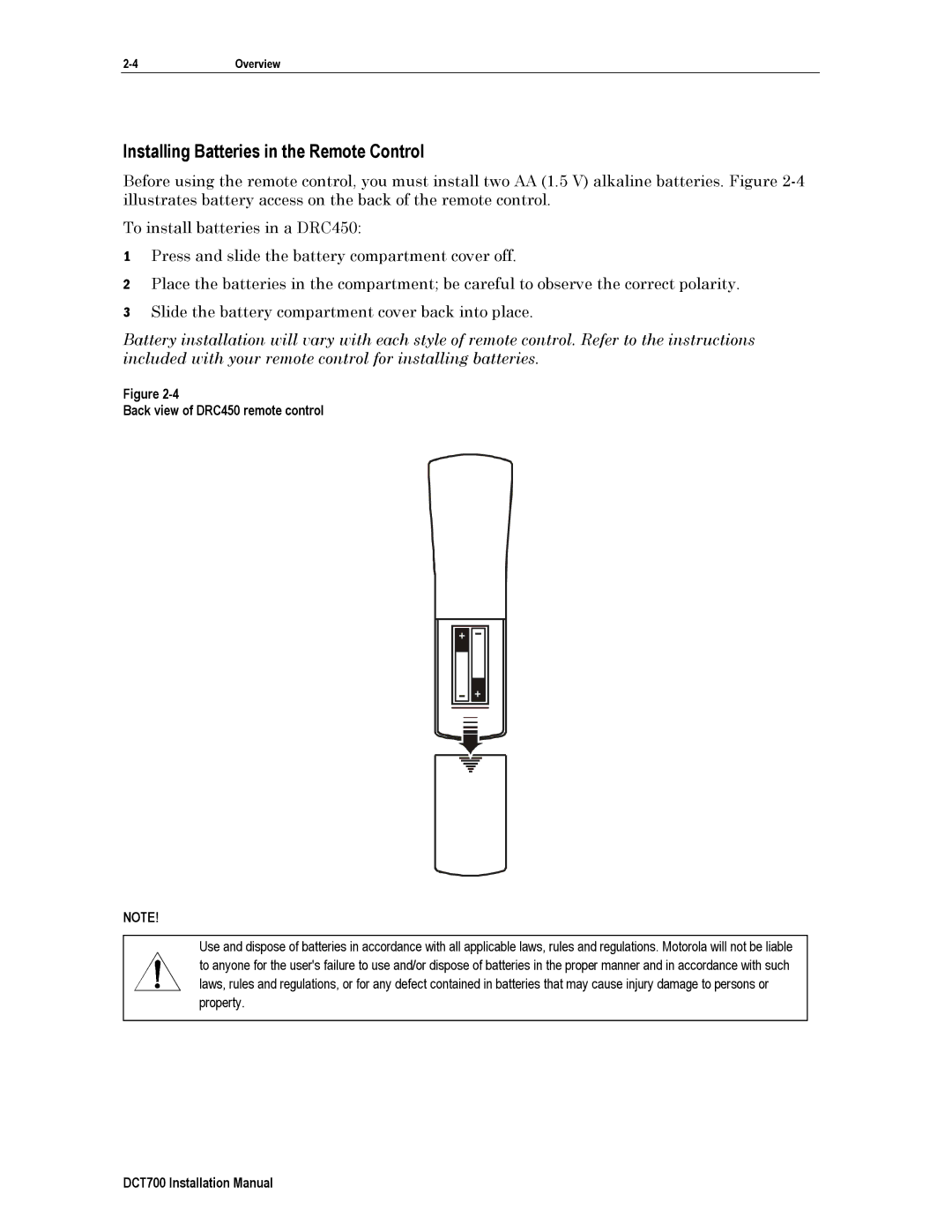 Motorola DTC700, DCT700 installation manual Installing Batteries in the Remote Control, Back view of DRC450 remote control 