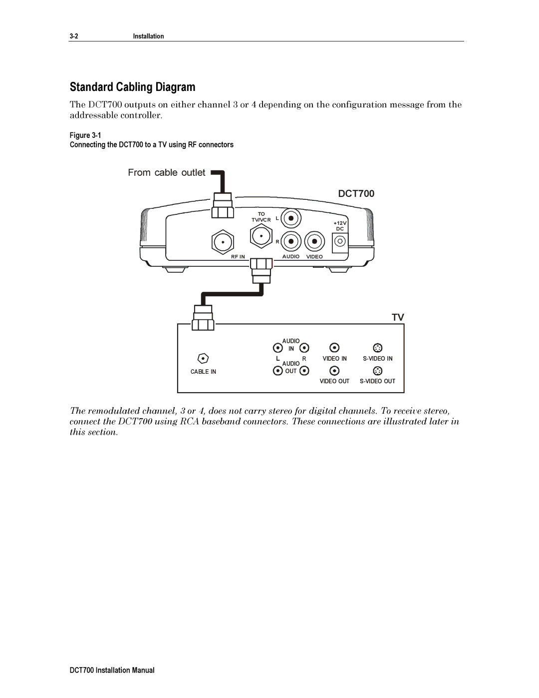 Motorola DTC700 installation manual Standard Cabling Diagram, Connecting the DCT700 to a TV using RF connectors 