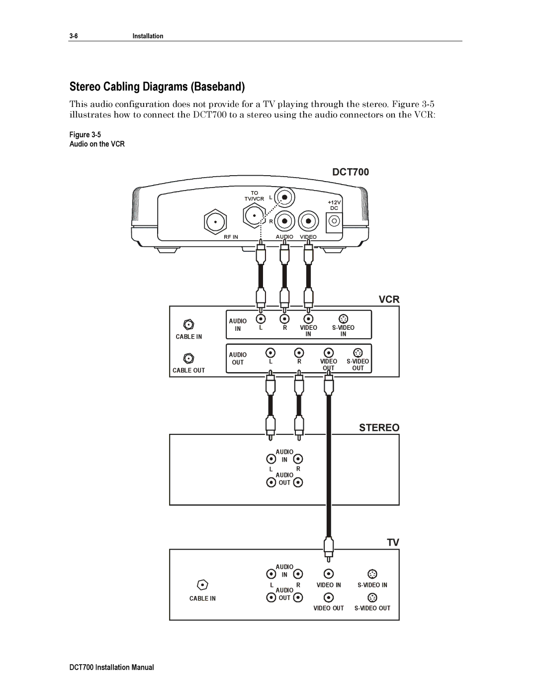 Motorola DTC700, DCT700 installation manual Stereo Cabling Diagrams Baseband, Audio on the VCR 