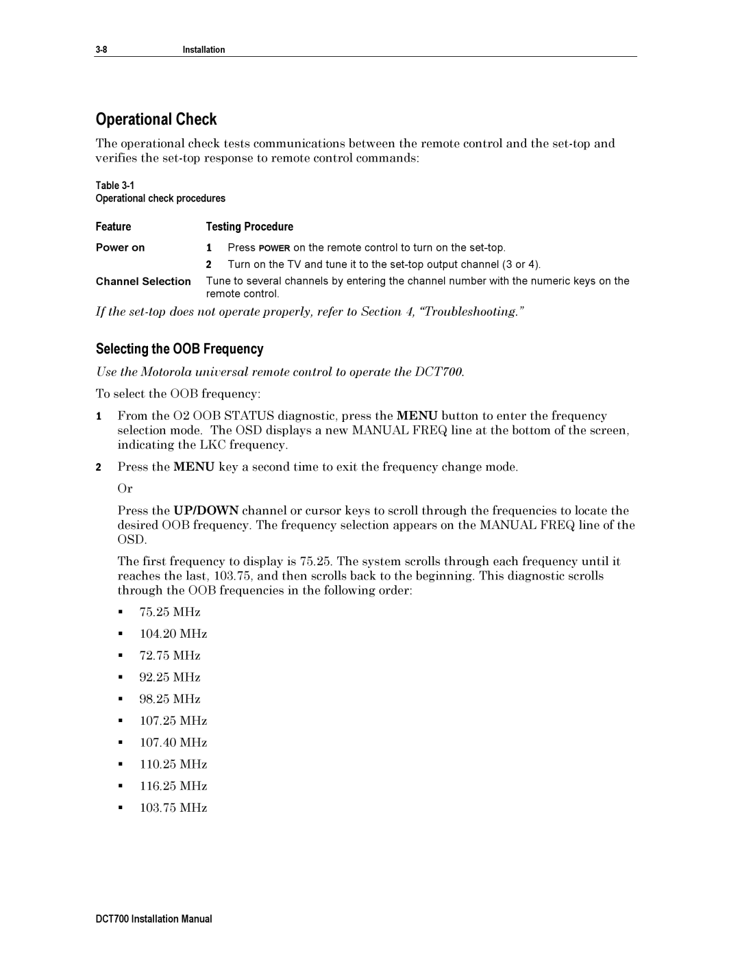 Motorola DTC700 Operational Check, Feature Testing Procedure, Operational check procedures, Power on, Channel Selection 