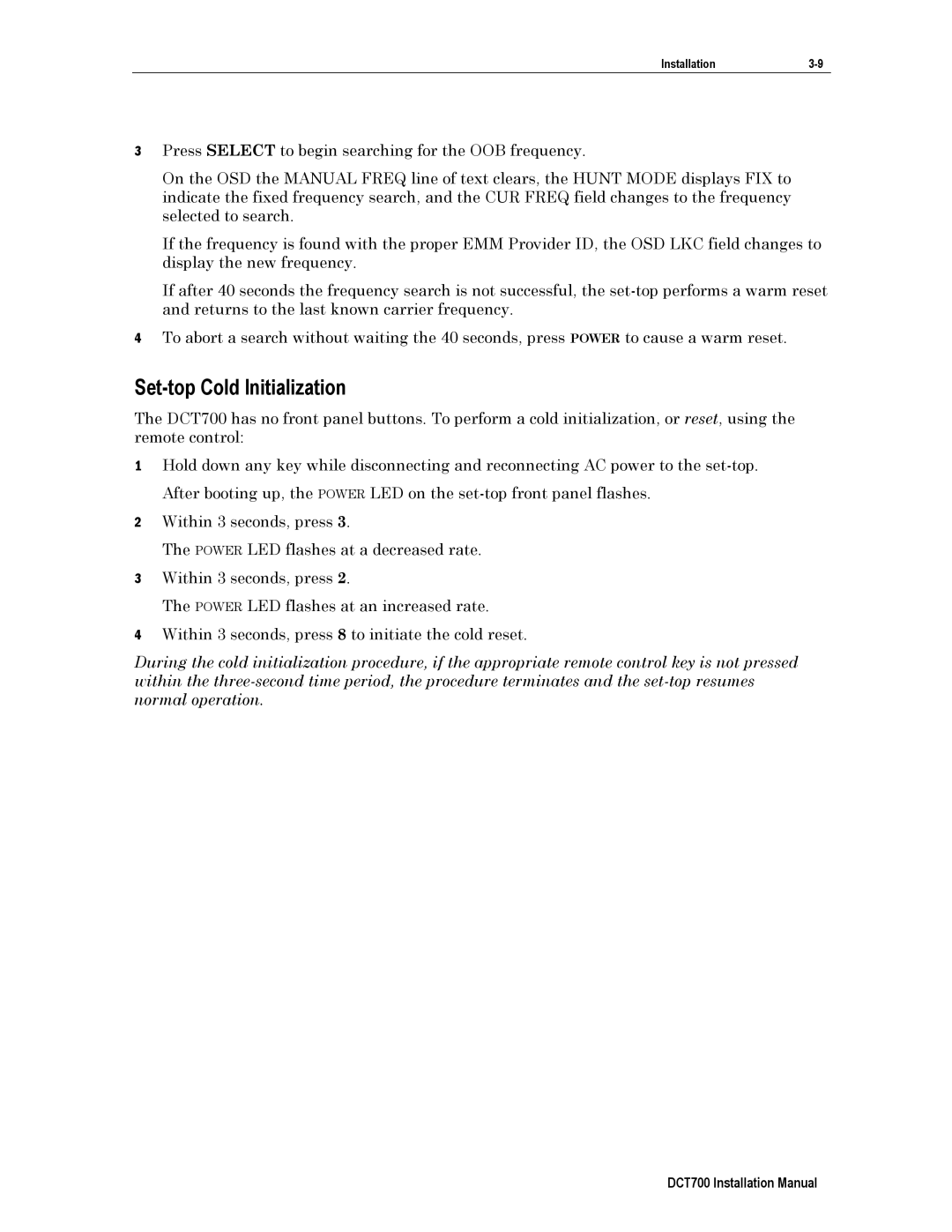 Motorola DCT700, DTC700 installation manual Set-top Cold Initialization 