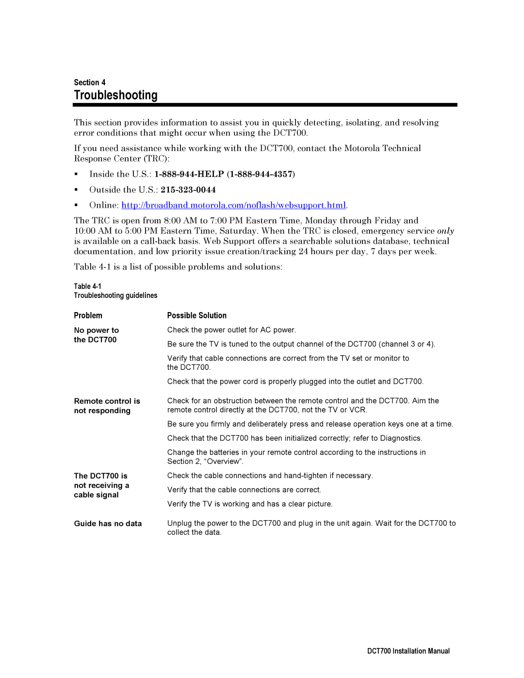 Motorola DTC700, DCT700 installation manual Problem, Possible Solution, Troubleshooting guidelines 