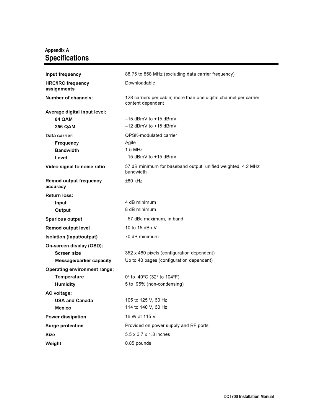 Motorola DCT700, DTC700 installation manual Specifications, Appendix a 