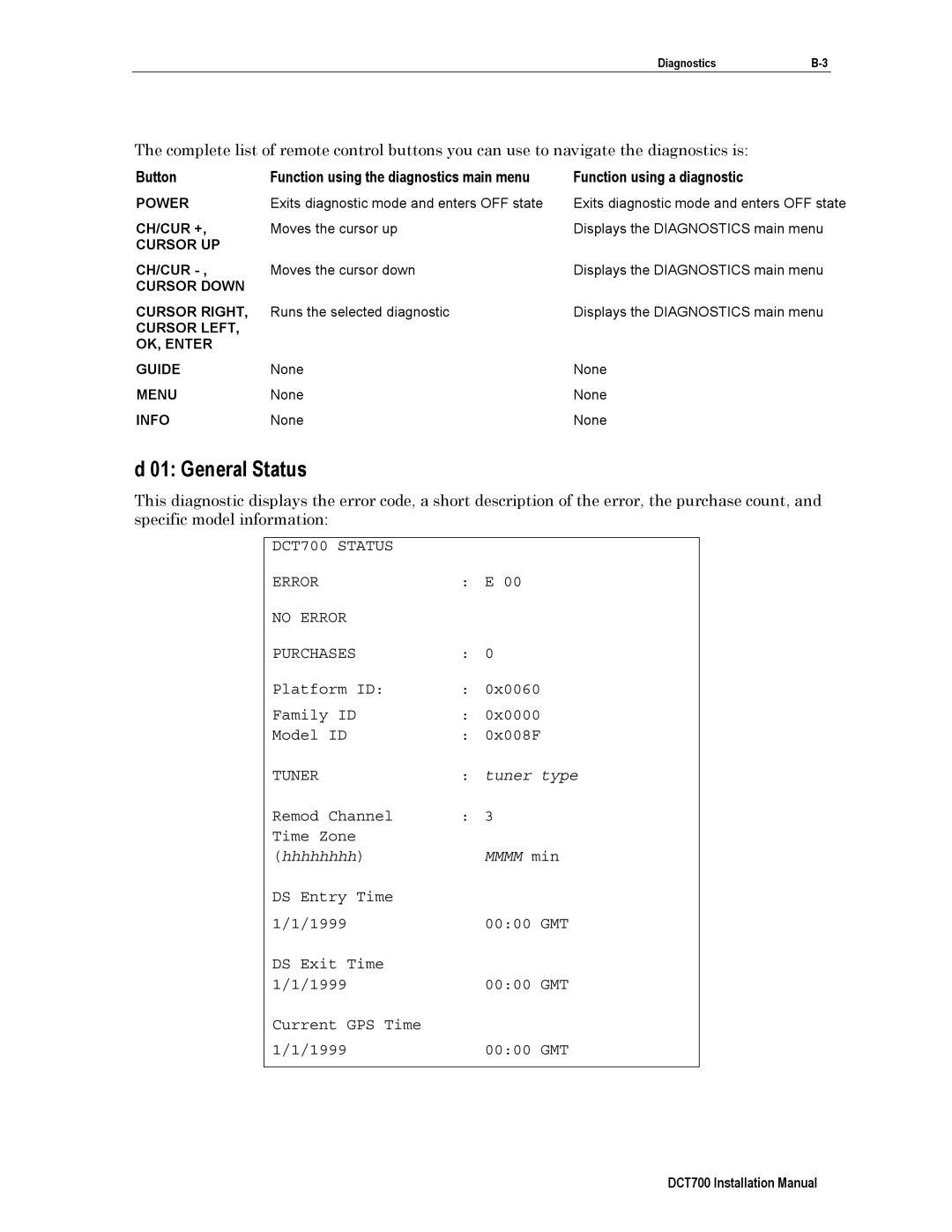 Motorola DTC700, DCT700 installation manual General Status, Button Function using the diagnostics main menu 