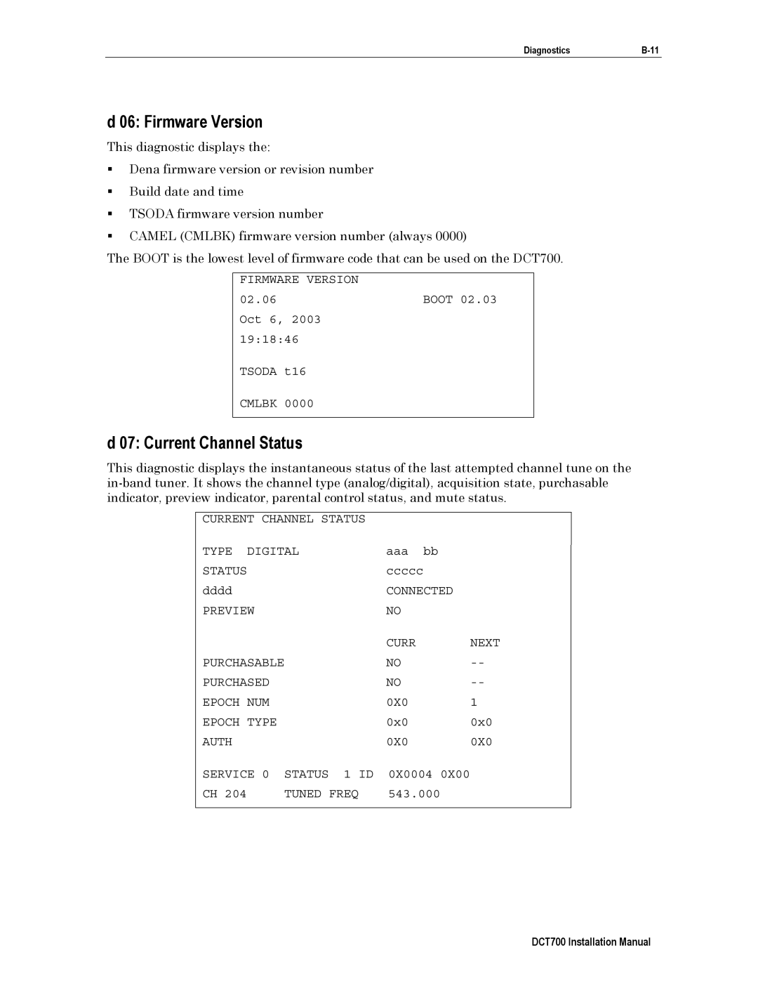 Motorola DTC700, DCT700 installation manual Firmware Version, Current Channel Status 