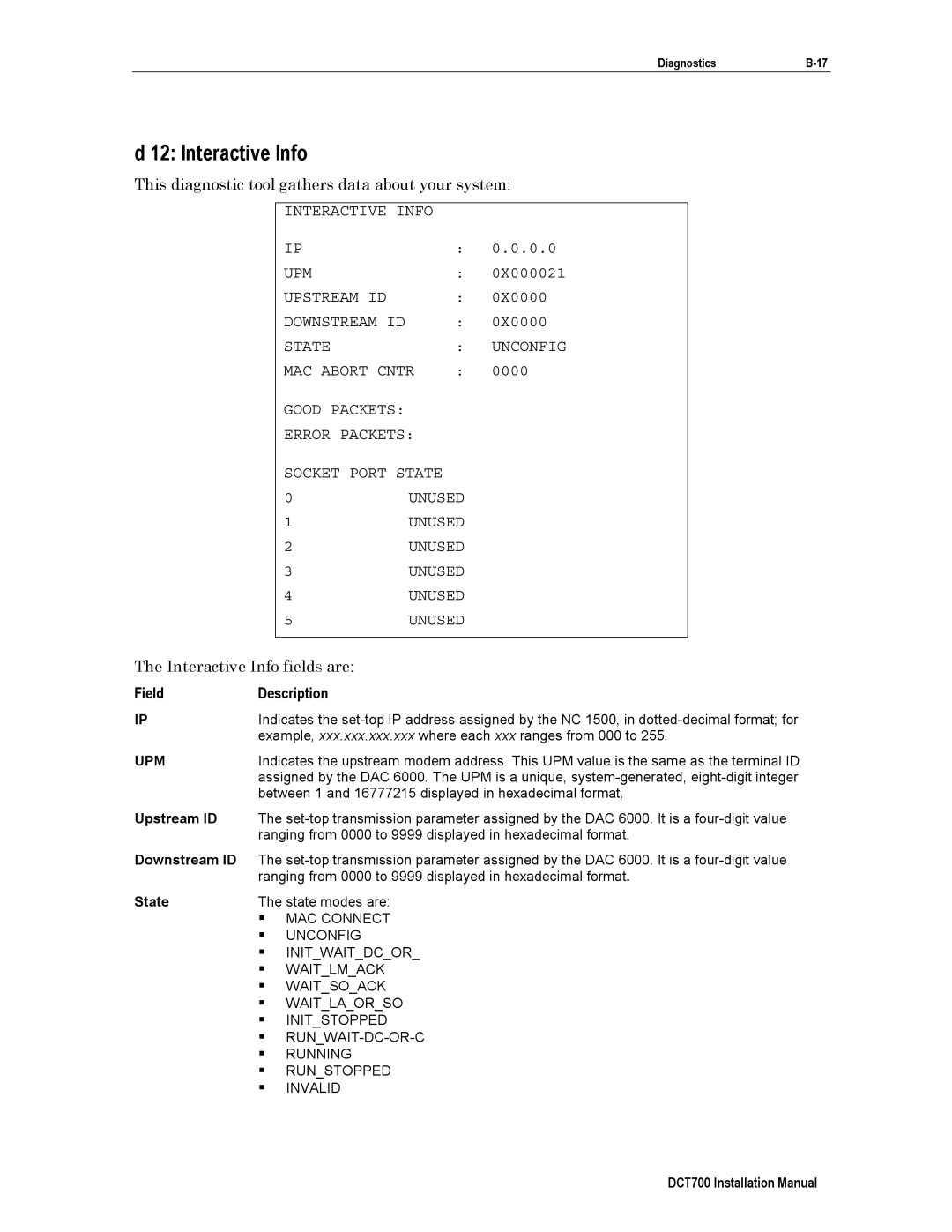 Motorola DTC700, DCT700 installation manual Interactive Info, Upm, Upstream ID, State 