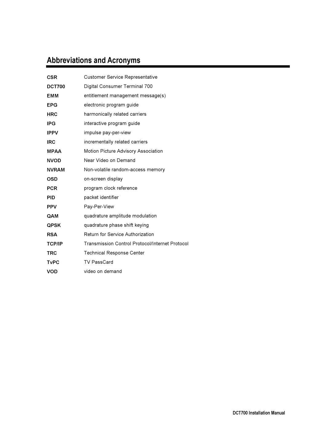 Motorola DTC700 installation manual Abbreviations and Acronyms, CSR DCT700 EMM EPG HRC IPG Ippv IRC, Vod 