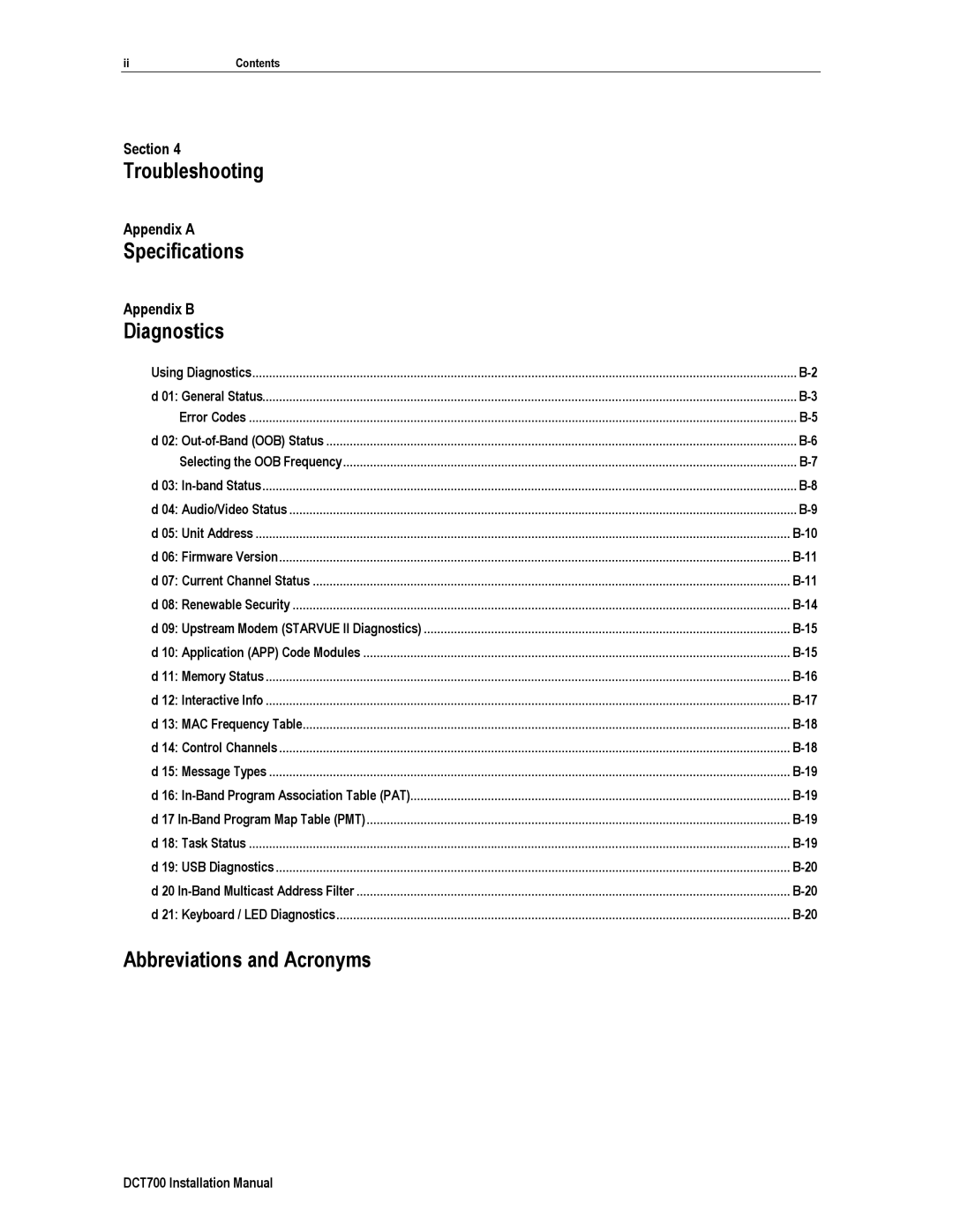 Motorola DTC700, DCT700 installation manual Troubleshooting, Specifications, Diagnostics, Abbreviations and Acronyms 