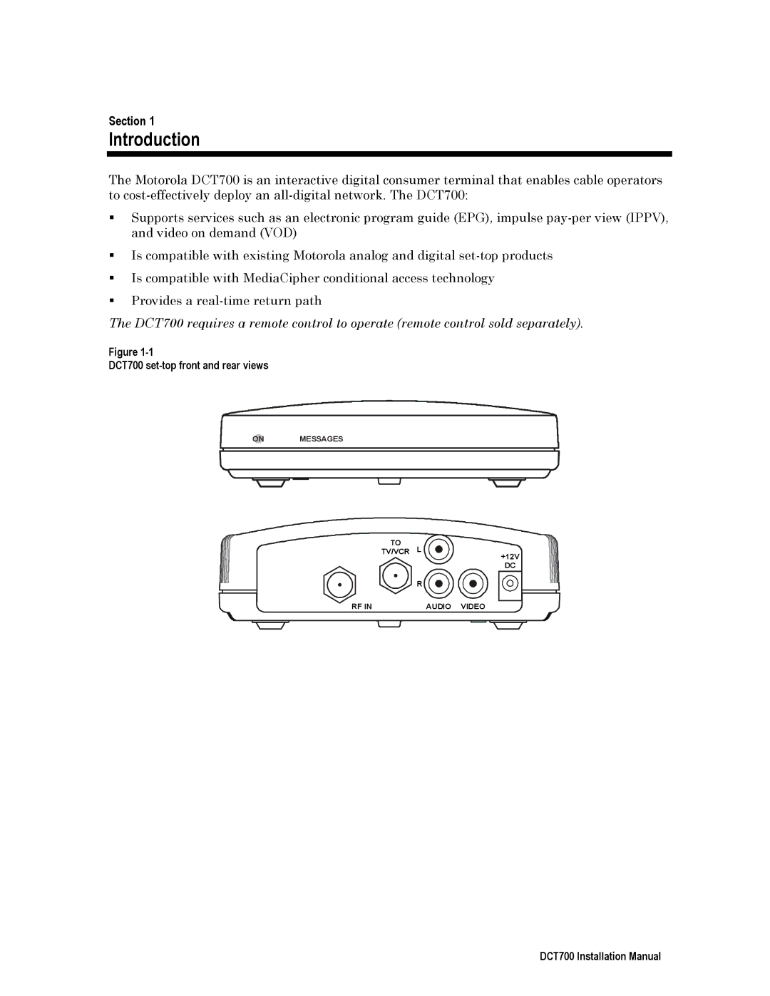 Motorola DTC700 installation manual Introduction, DCT700 set-top front and rear views 