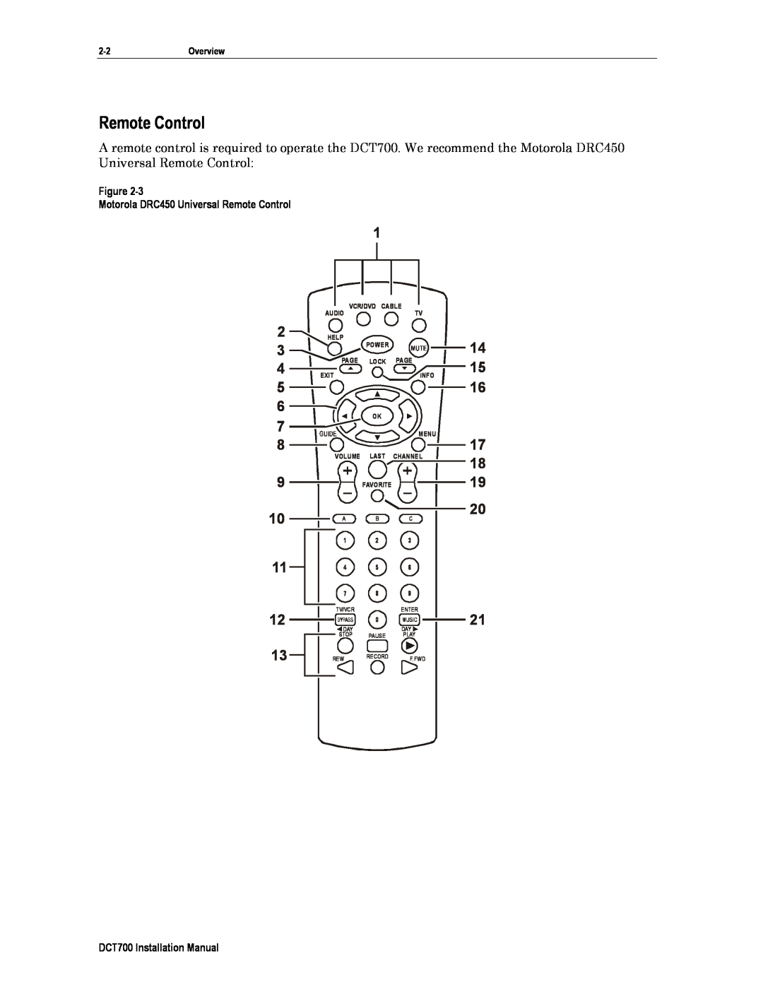 Motorola DTC700 14 15 16 17 18 19 20 21, Figure Motorola DRC450 Universal Remote Control, DCT700 Installation Manual 