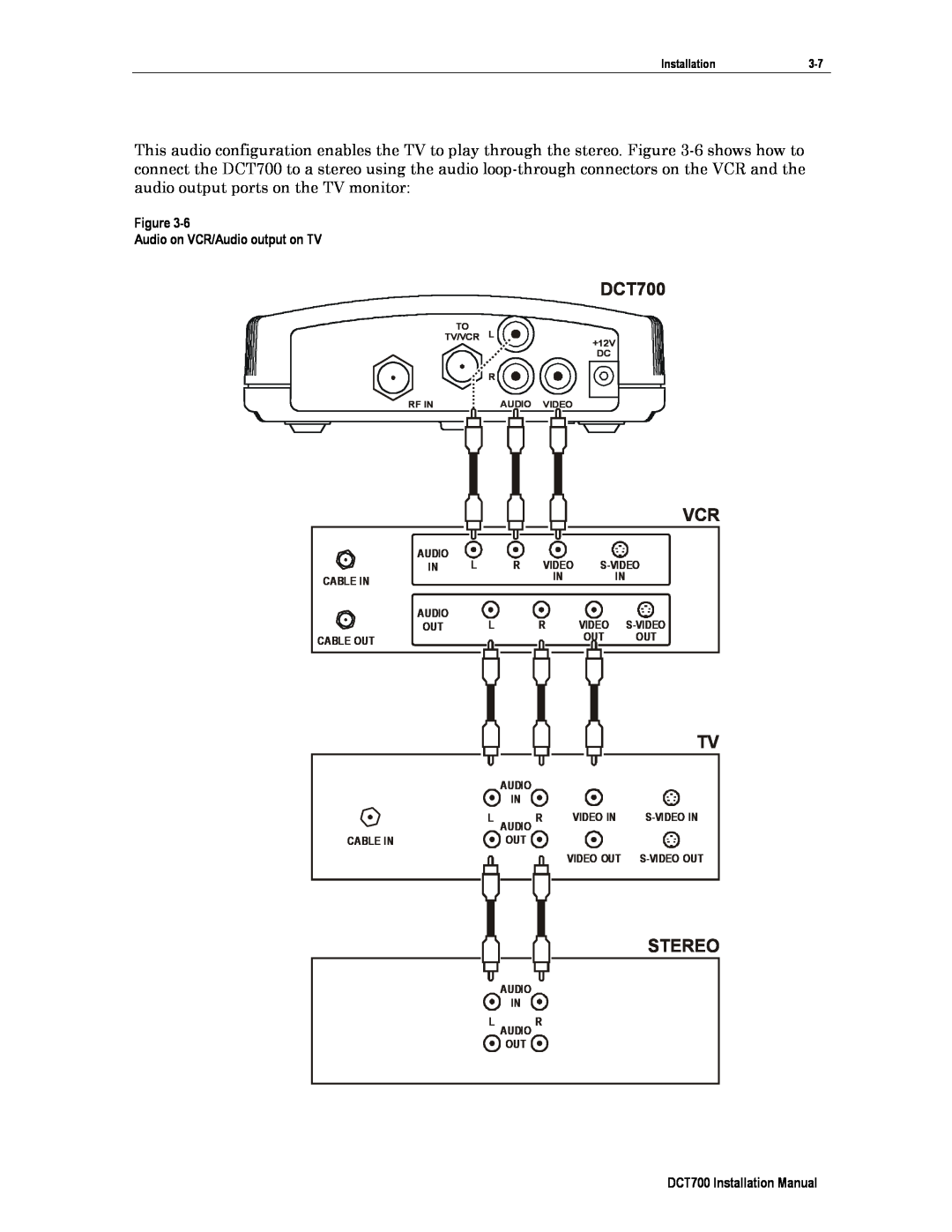 Motorola DTC700 Stereo, Figure Audio on VCR/Audio output on TV, DCT700 Installation Manual, Installation3-7 