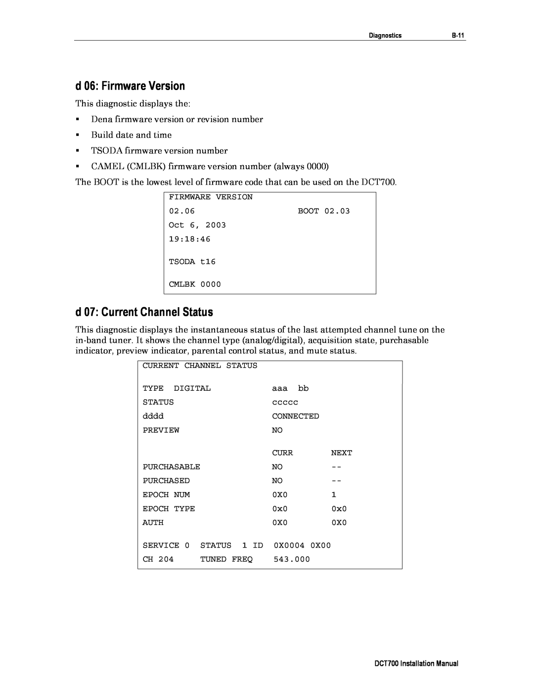 Motorola DTC700, DCT700 installation manual d 06: Firmware Version, d 07: Current Channel Status 