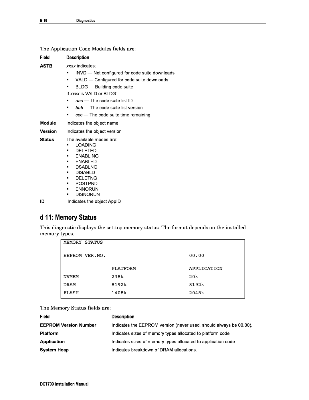 Motorola DCT700, DTC700 installation manual d 11: Memory Status, Field, Description 