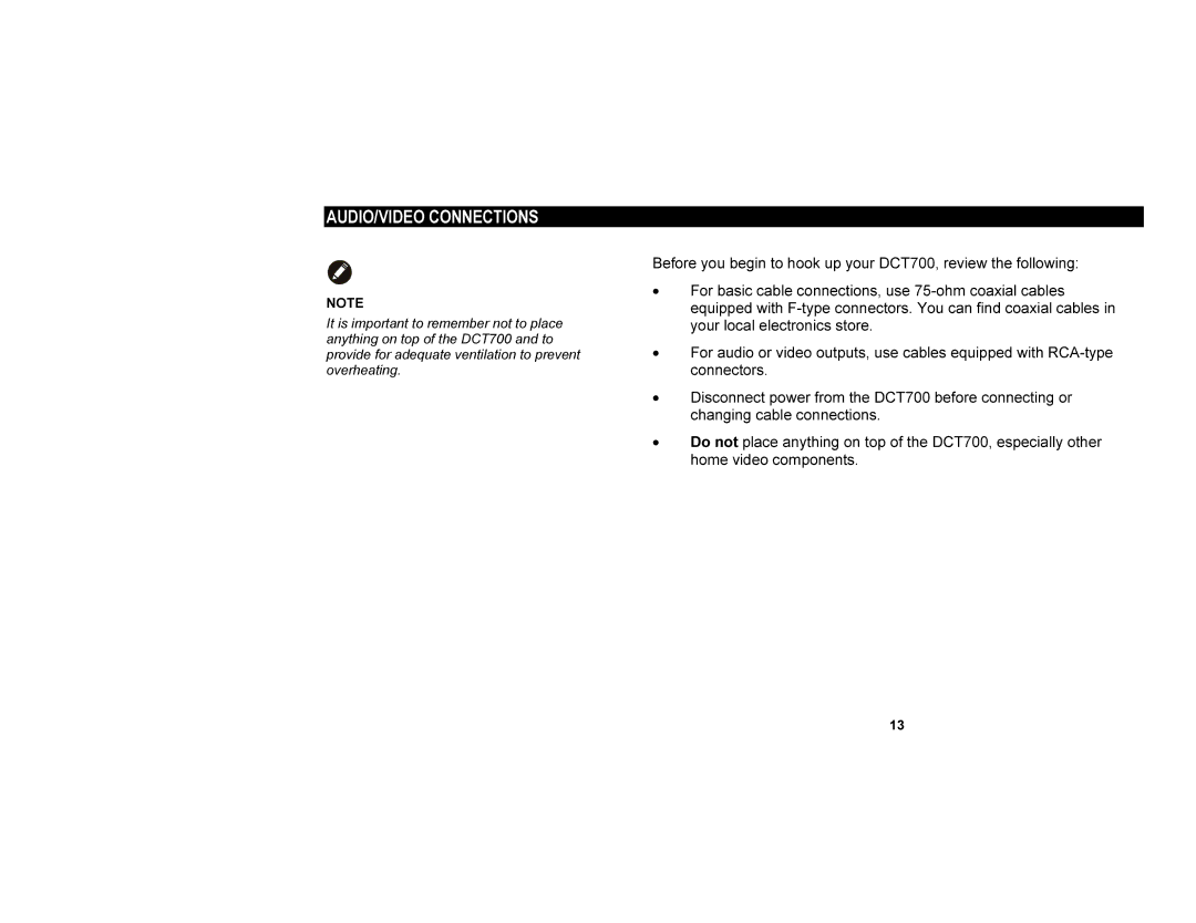 Motorola DCT700 manual AUDIO/VIDEO Connections 