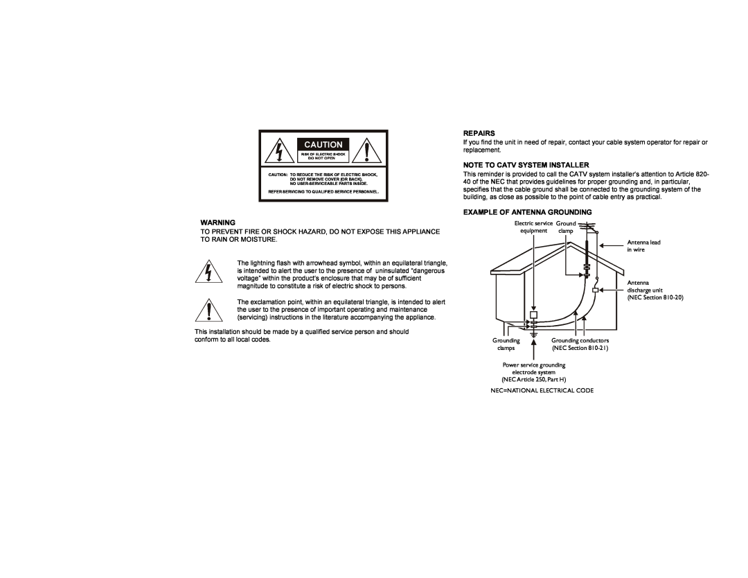 Motorola DCT700 manual Repairs, Note To Catv System Installer, Example Of Antenna Grounding 