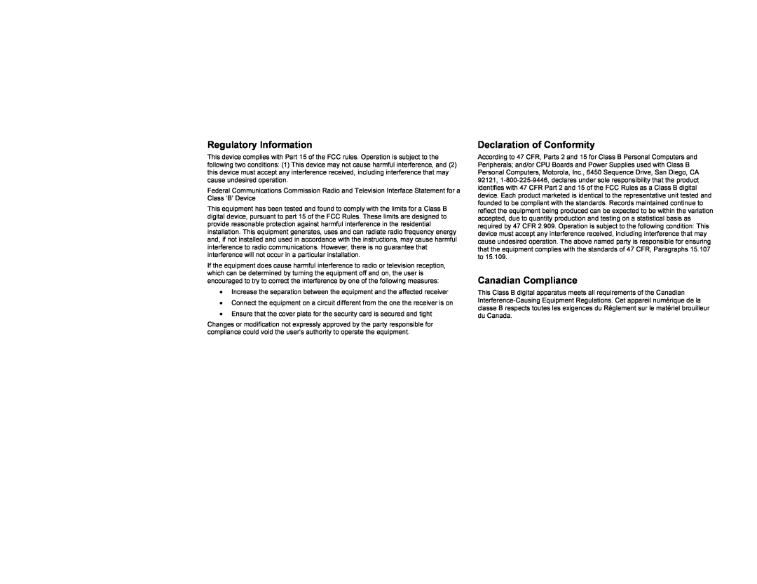 Motorola DCT700 manual Regulatory Information, Declaration of Conformity, Canadian Compliance 