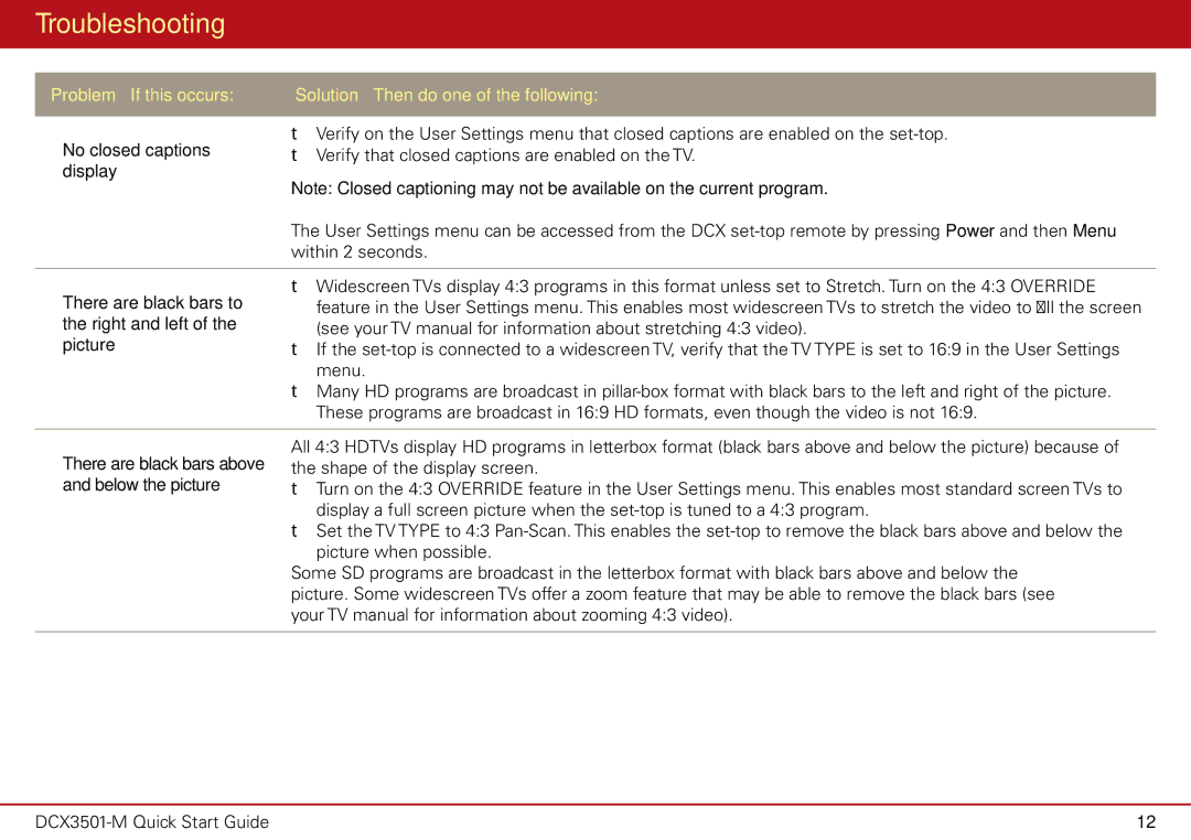 Motorola DCX3501-M quick start No closed captions, Display, There are black bars to, Right and left, Picture 