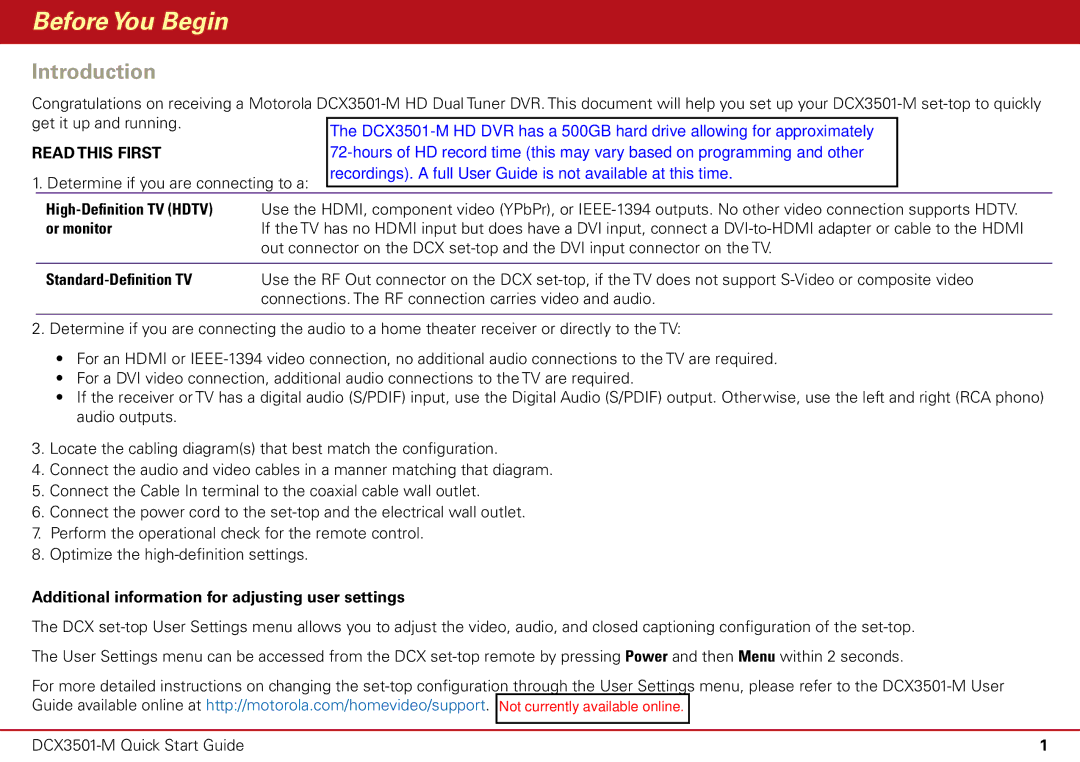 Motorola DCX3501-M quick start Before You Begin, Introduction, Standard-Definition TV 