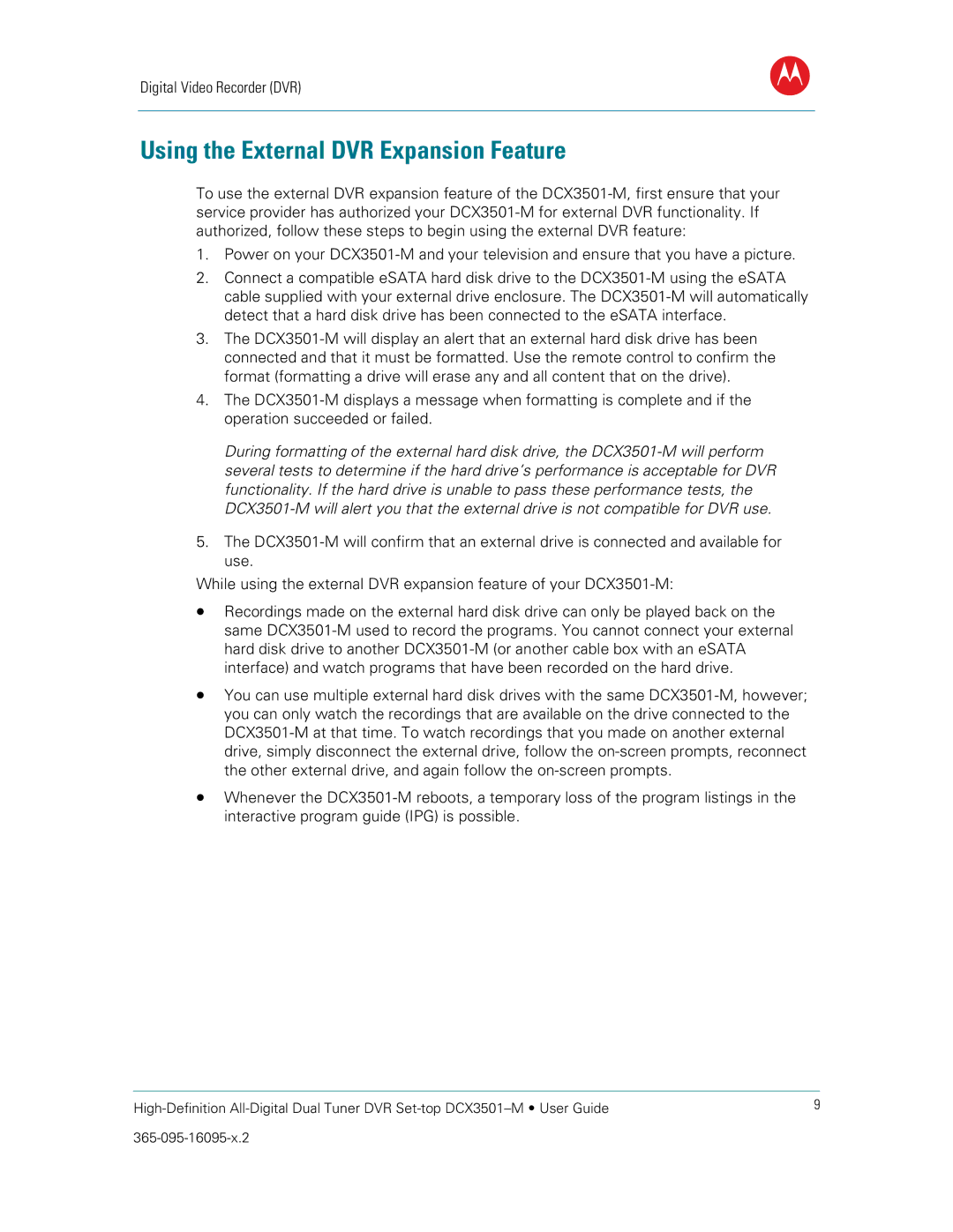 Motorola DCX3501M manual Using the External DVR Expansion Feature 