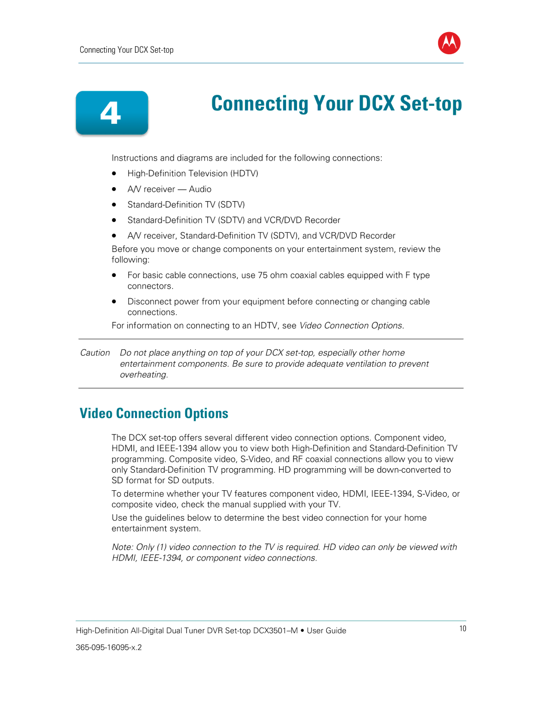 Motorola DCX3501M manual Connecting Your DCX Set-top, Video Connection Options 