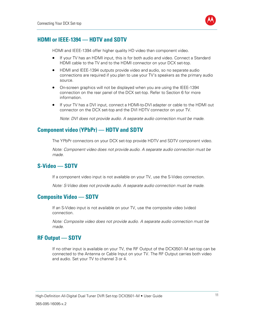 Motorola DCX3501M manual Component video YPbPr Hdtv and Sdtv 