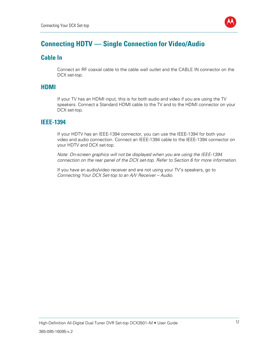 Motorola DCX3501M manual Connecting Hdtv Single Connection for Video/Audio, Cable 