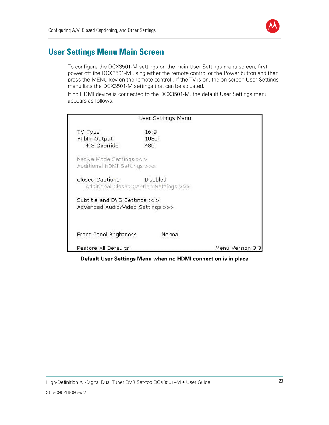 Motorola DCX3501M manual User Settings Menu Main Screen 