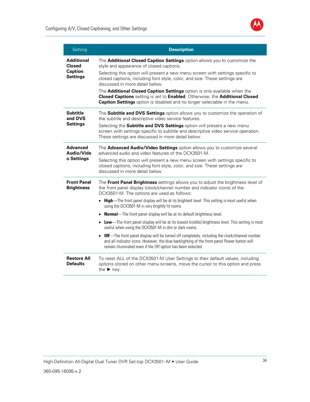 Motorola DCX3501M manual Caption, Subtitle, Dvs, Advanced Audio/Vide Settings 