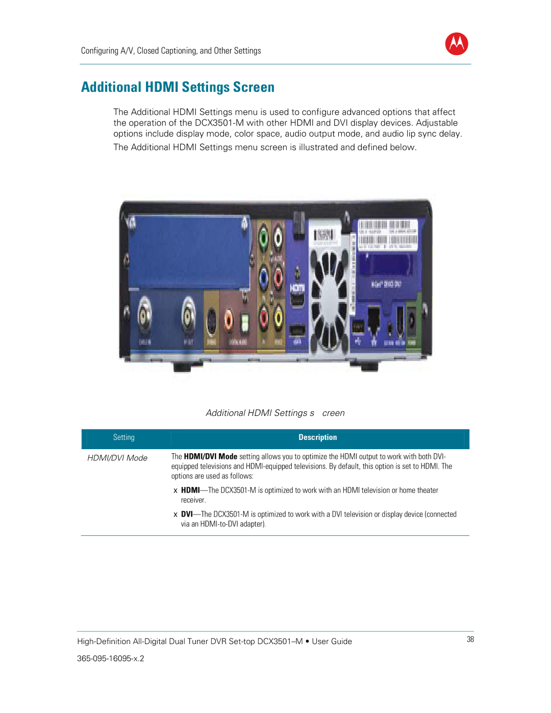 Motorola DCX3501M manual Additional Hdmi Settings Screen, Additional Hdmi Settings screen, HDMI/DVI Mode, Receiver 