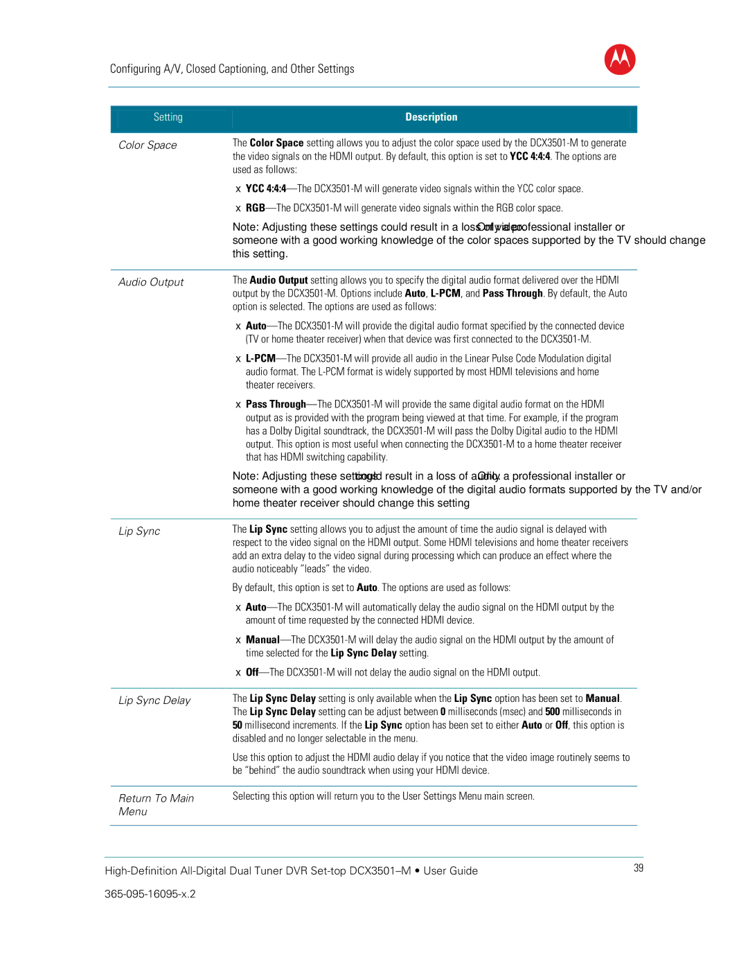 Motorola DCX3501M manual Color Space, Audio Output, Lip Sync Delay, Return To Main, Menu 