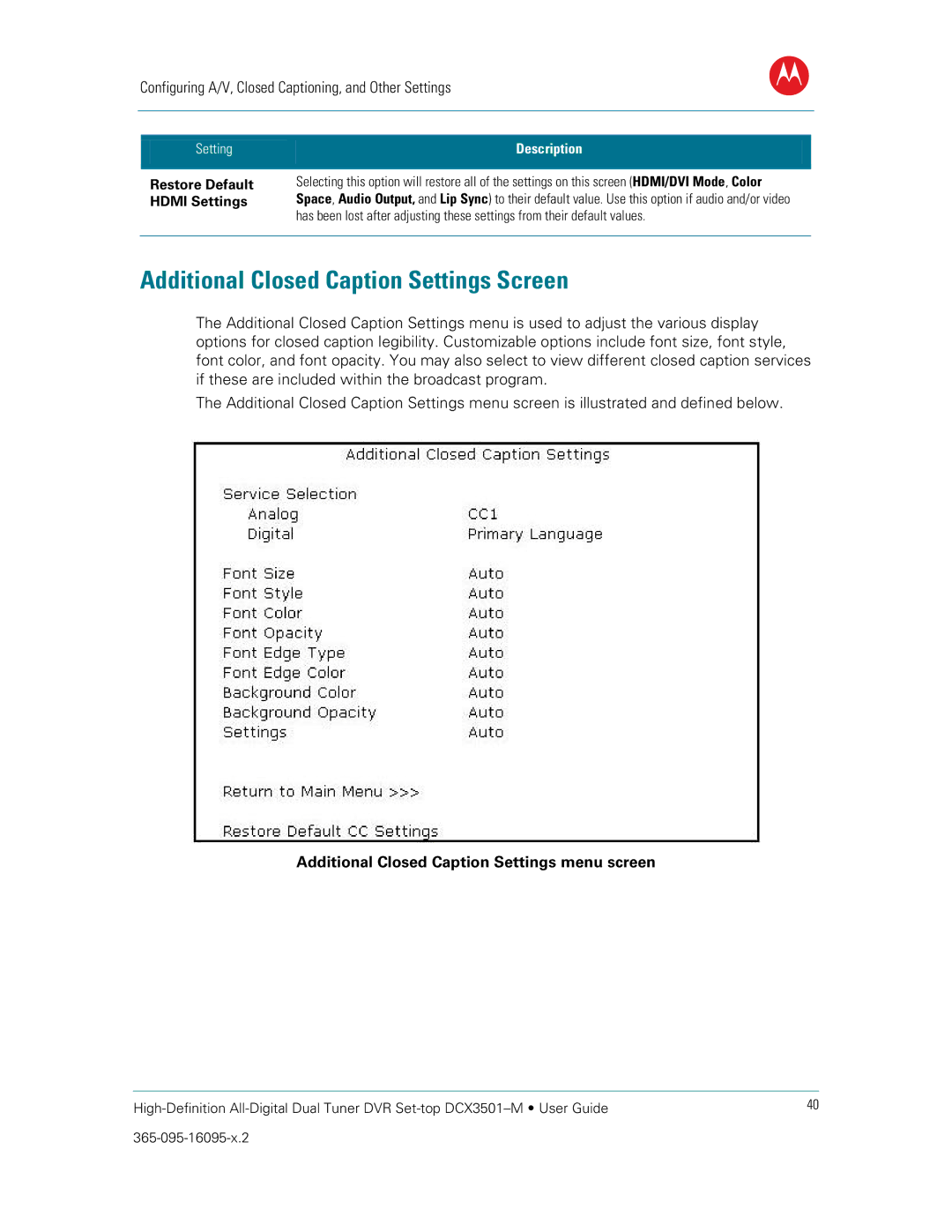 Motorola DCX3501M Additional Closed Caption Settings Screen, Additional Closed Caption Settings menu screen, Hdmi Settings 