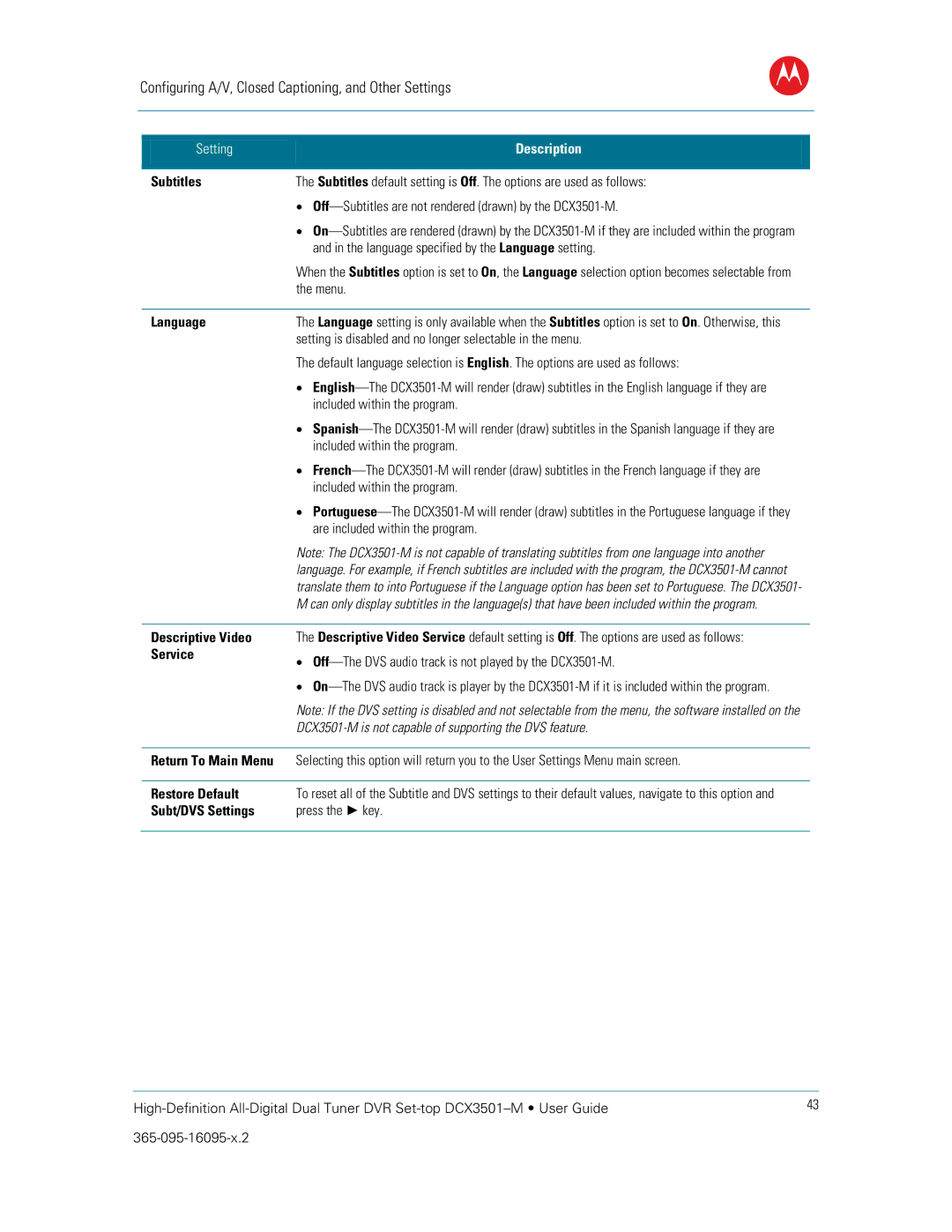 Motorola DCX3501M manual Subtitles, Language, Descriptive Video Service, Subt/DVS Settings Press the key 