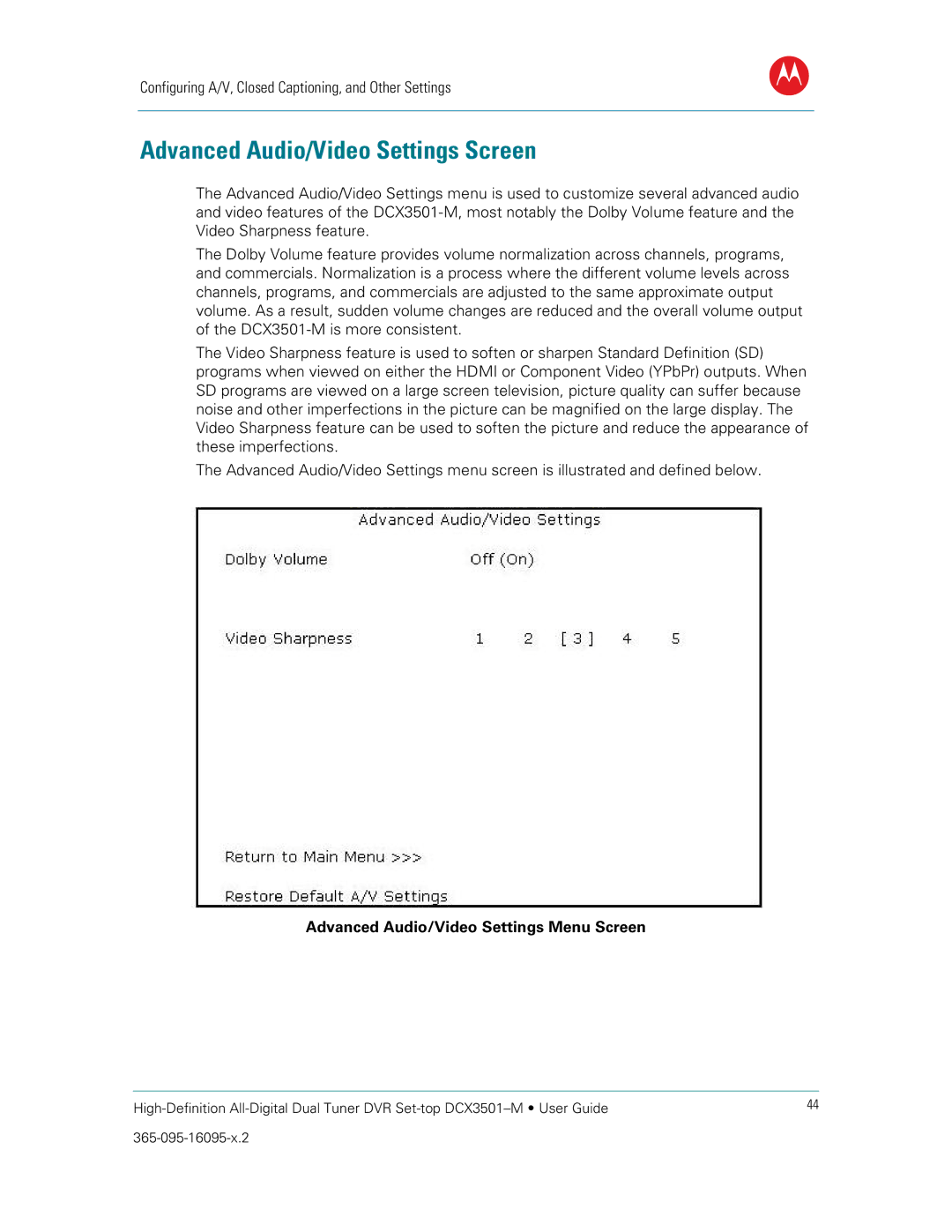 Motorola DCX3501M manual Advanced Audio/Video Settings Screen, Advanced Audio/Video Settings Menu Screen 