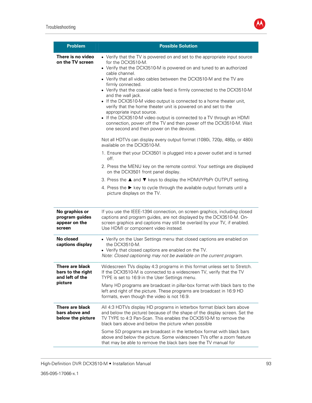 Motorola DCX3510-M There is no video, On the TV screen, No graphics or, Program guides, Appear on, Screen, No closed 