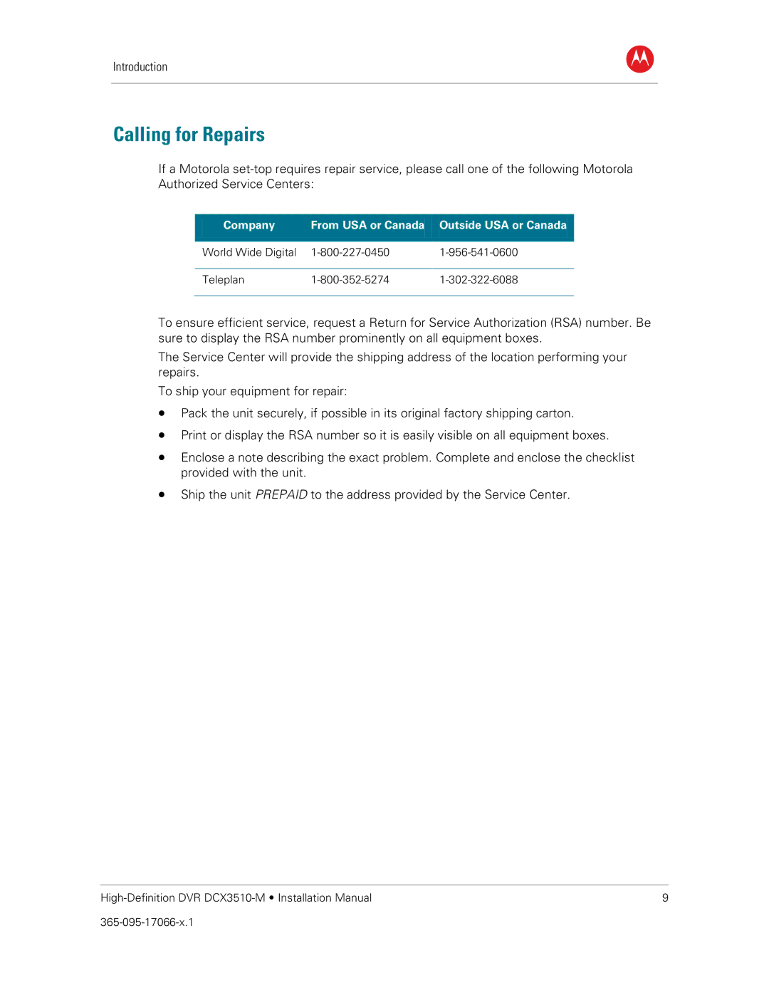 Motorola DCX3510-M installation manual Calling for Repairs 