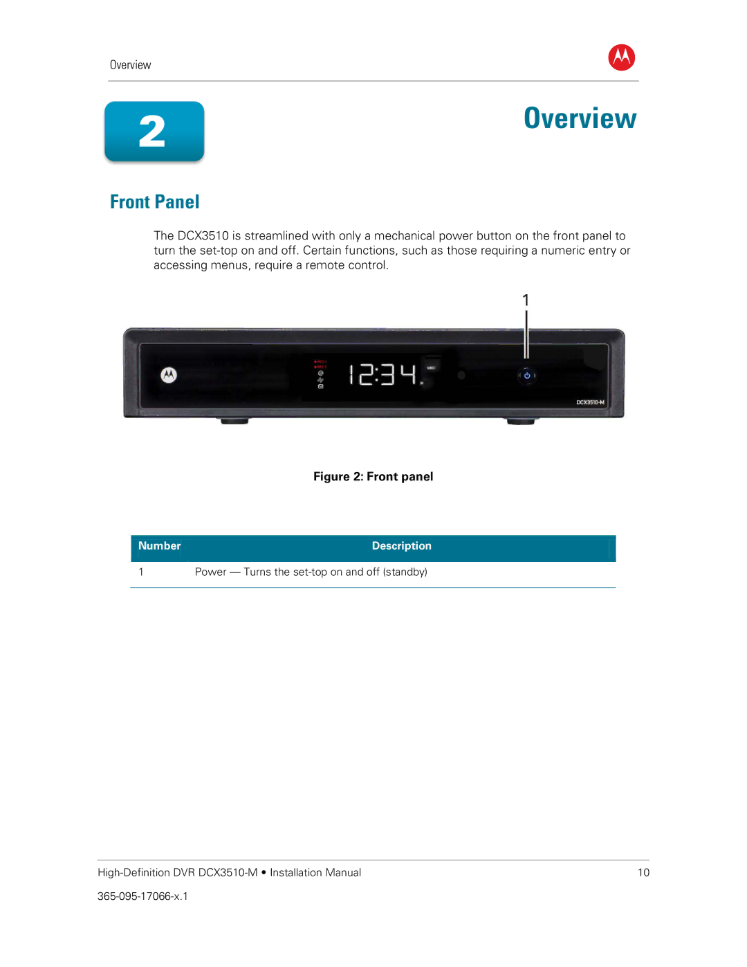 Motorola DCX3510-M installation manual Front Panel, Front panel 