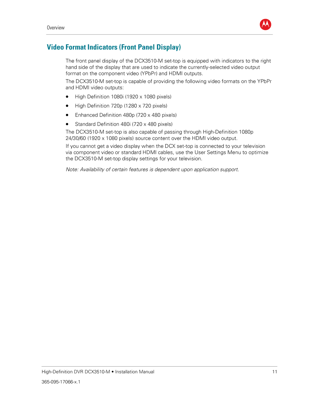 Motorola DCX3510-M installation manual Video Format Indicators Front Panel Display 