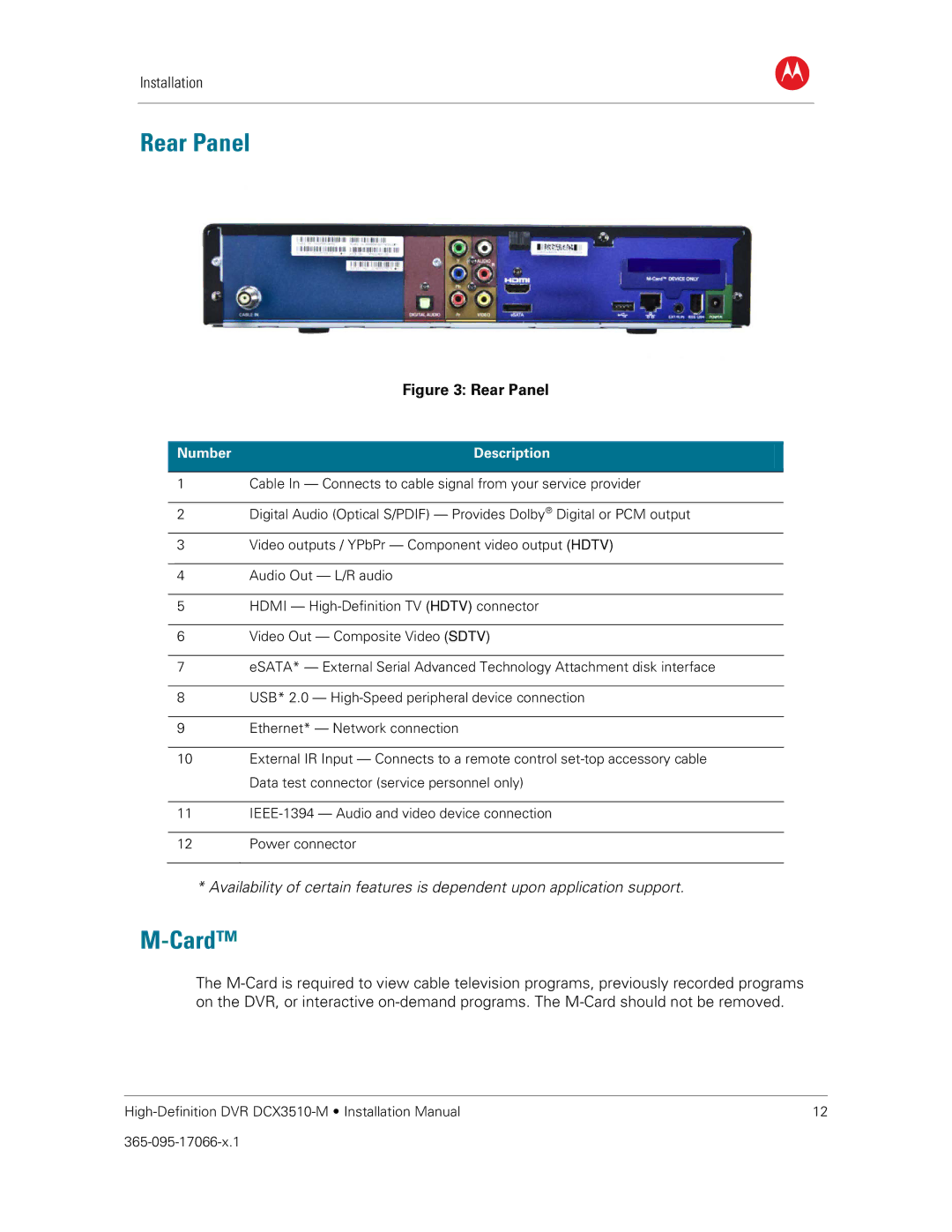 Motorola DCX3510-M installation manual Rear Panel, Card 