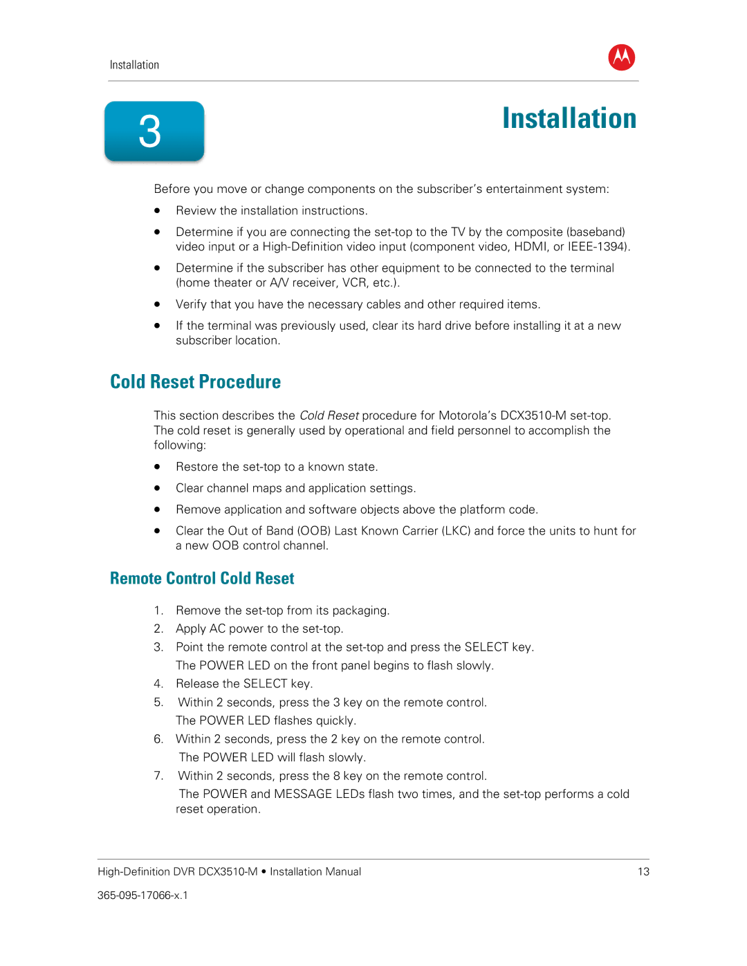 Motorola DCX3510-M installation manual Cold Reset Procedure, Remote Control Cold Reset 