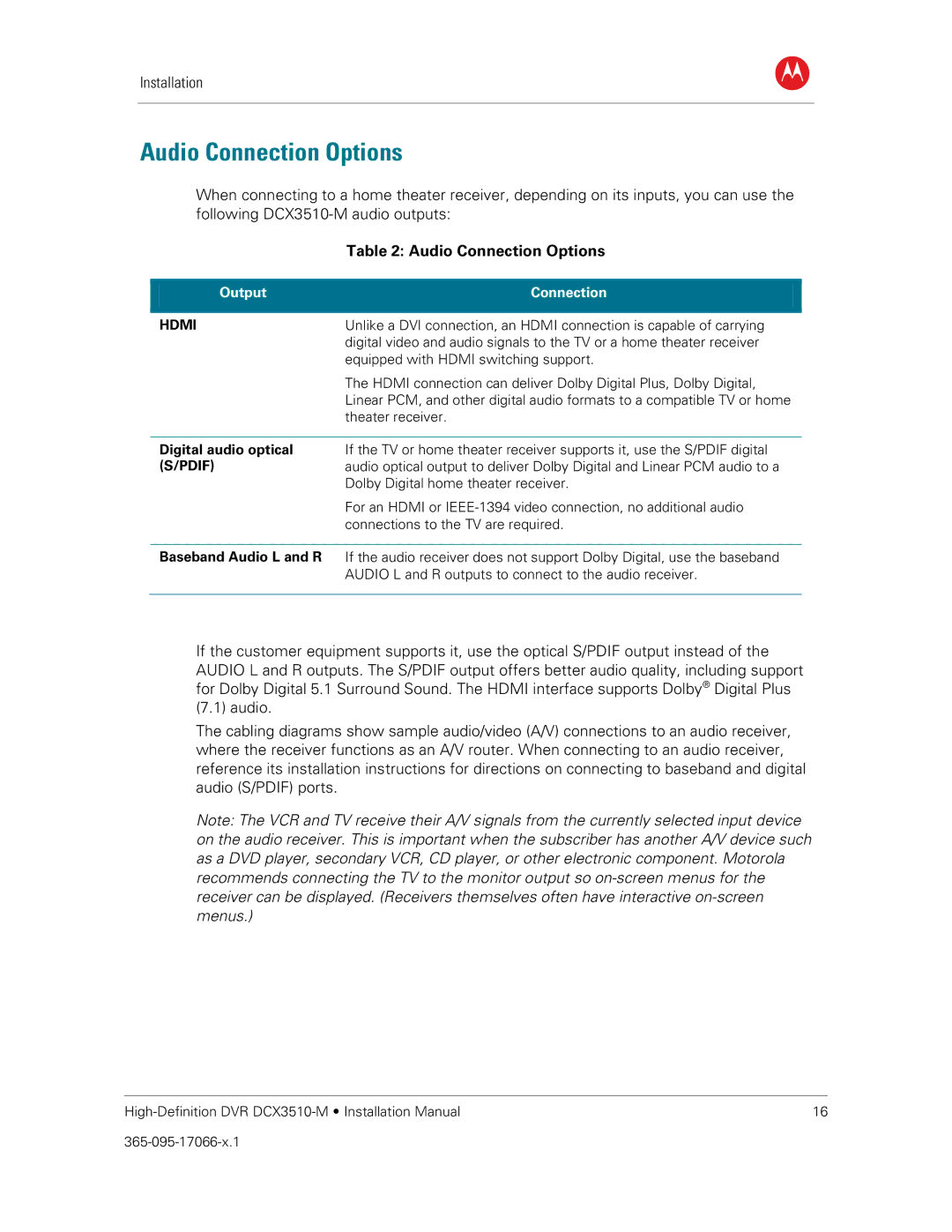 Motorola DCX3510-M installation manual Audio Connection Options, Digital audio optical 