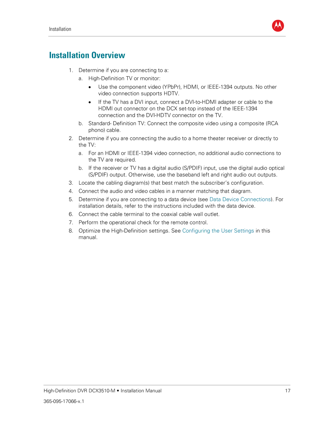 Motorola DCX3510-M installation manual Installation Overview 